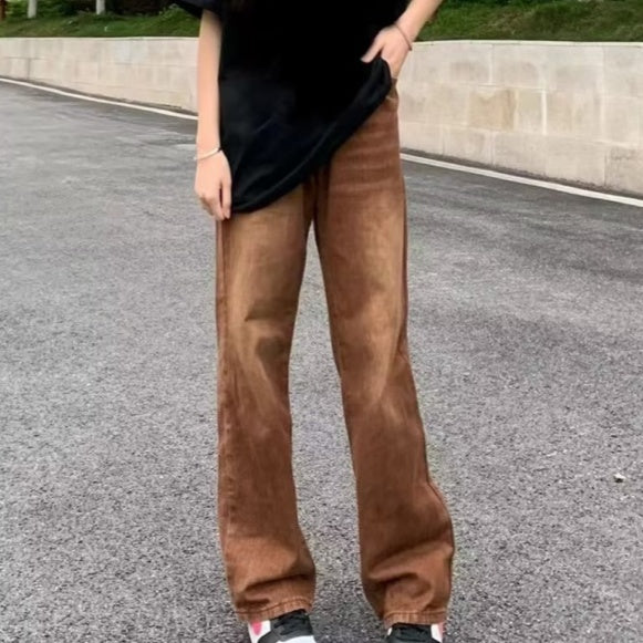 American Retro Brown Straight-leg Denim Pants