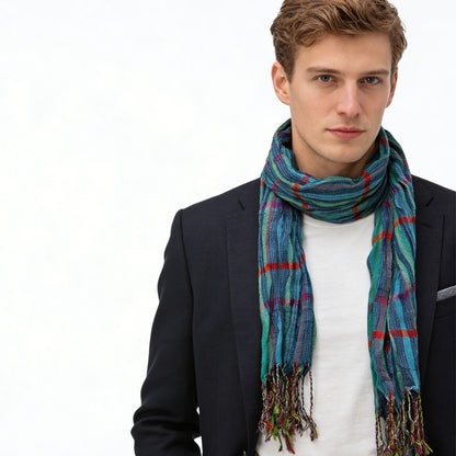 Blue Jacquard Crinkle Scarf - Heavy Textured Scarf 76inchx28inch