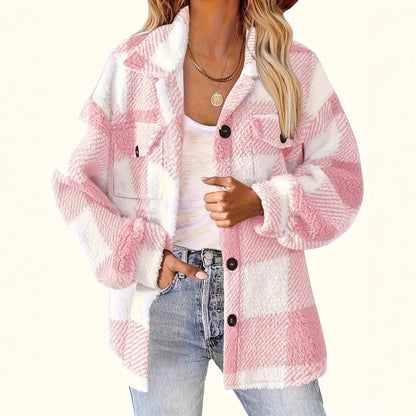 Plush Plaid Women's Autumn And Winter Open Button Lapel Thermal Plaid Pattern Jacket