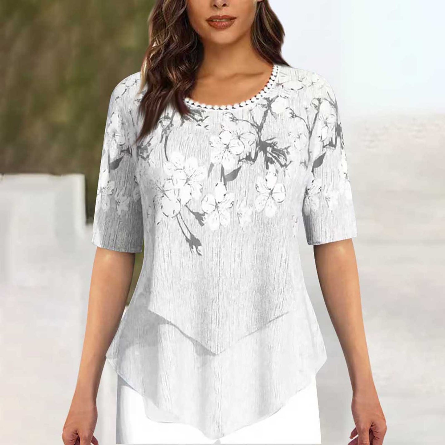 Positioning Printed Round Neck Irregular Short Sleeve