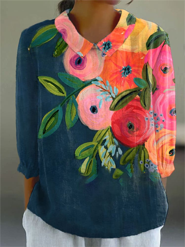 Ladies Flower Fashion Personality Polo Collar Top