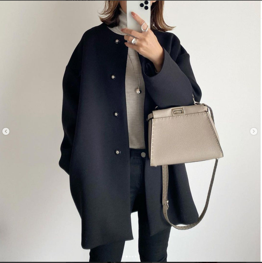 Straight Cardigan Fitted Round Neck Woolen Coat