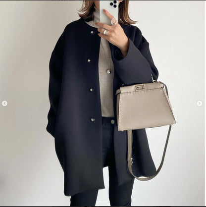 Straight Cardigan Fitted Round Neck Woolen Coat