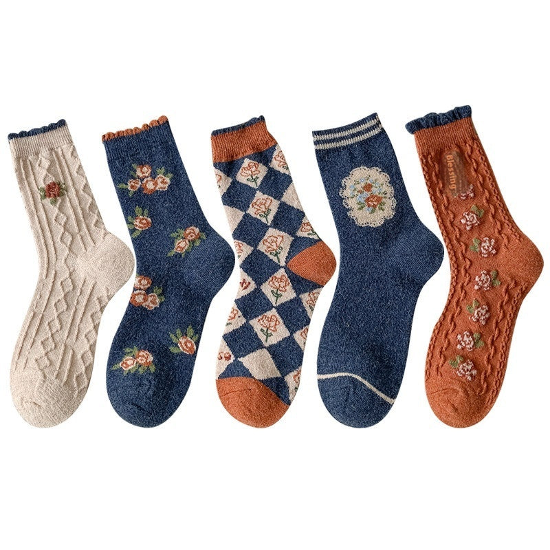 Vintage Small Flower Wool Socks Fleece Lined Padded Warm Keeping Tube Socks