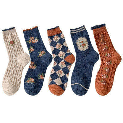 Vintage Small Flower Wool Socks Fleece Lined Padded Warm Keeping Tube Socks
