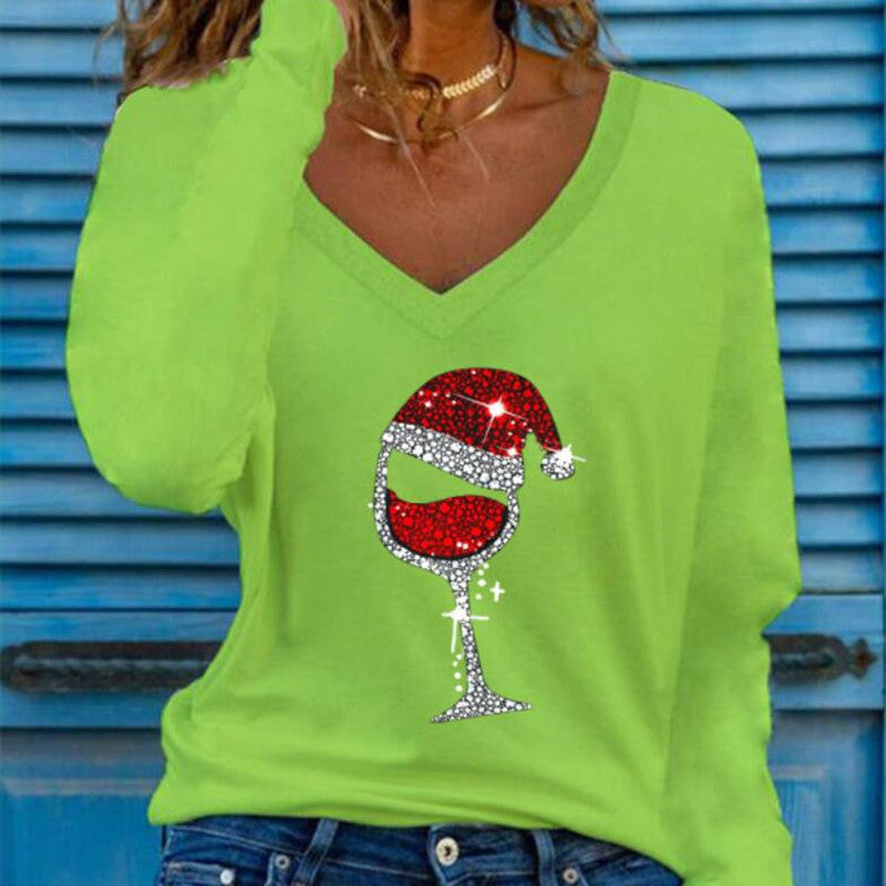 Women's Fashion Casual Christmas Wine Glass Printed Long Sleeve Loose Versatile T-Shirt