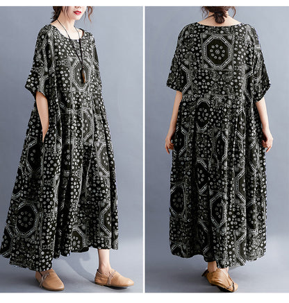 Loose Cotton And Linen Print Short-sleeved Dress