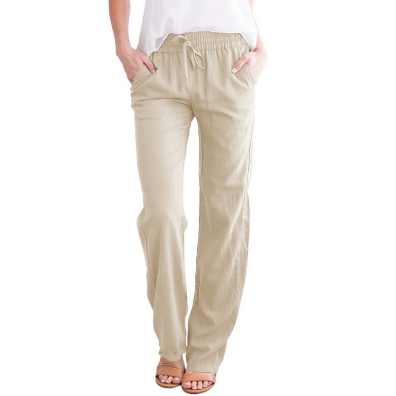Cotton and Linen Drawstring Loose Casual Wide-Leg Trousers