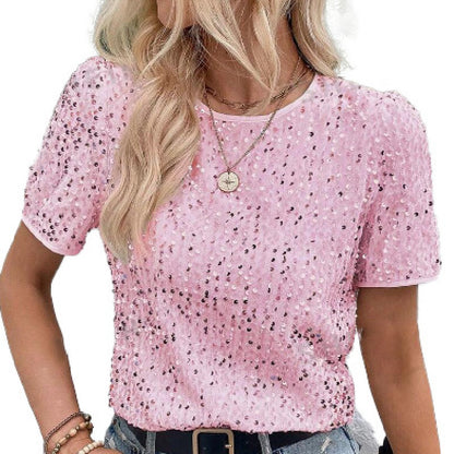 Women's Fashion Personalized Sequined Round Neck T-shirt