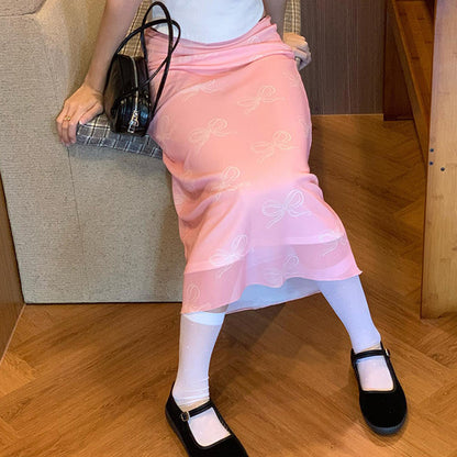 Retro Mesh Bow Printing Stitching Hip Skirt