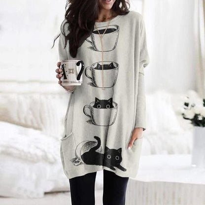 New Christmas Print Women's Fashion Pocket T-shirt Long