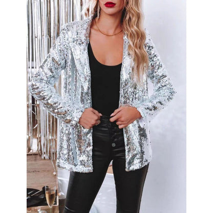 Lapel Long Sleeve Sequined Casual Suit Jacket Women