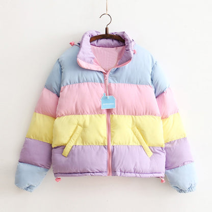 Rainbow contrast color loose padded coat jacket bread service