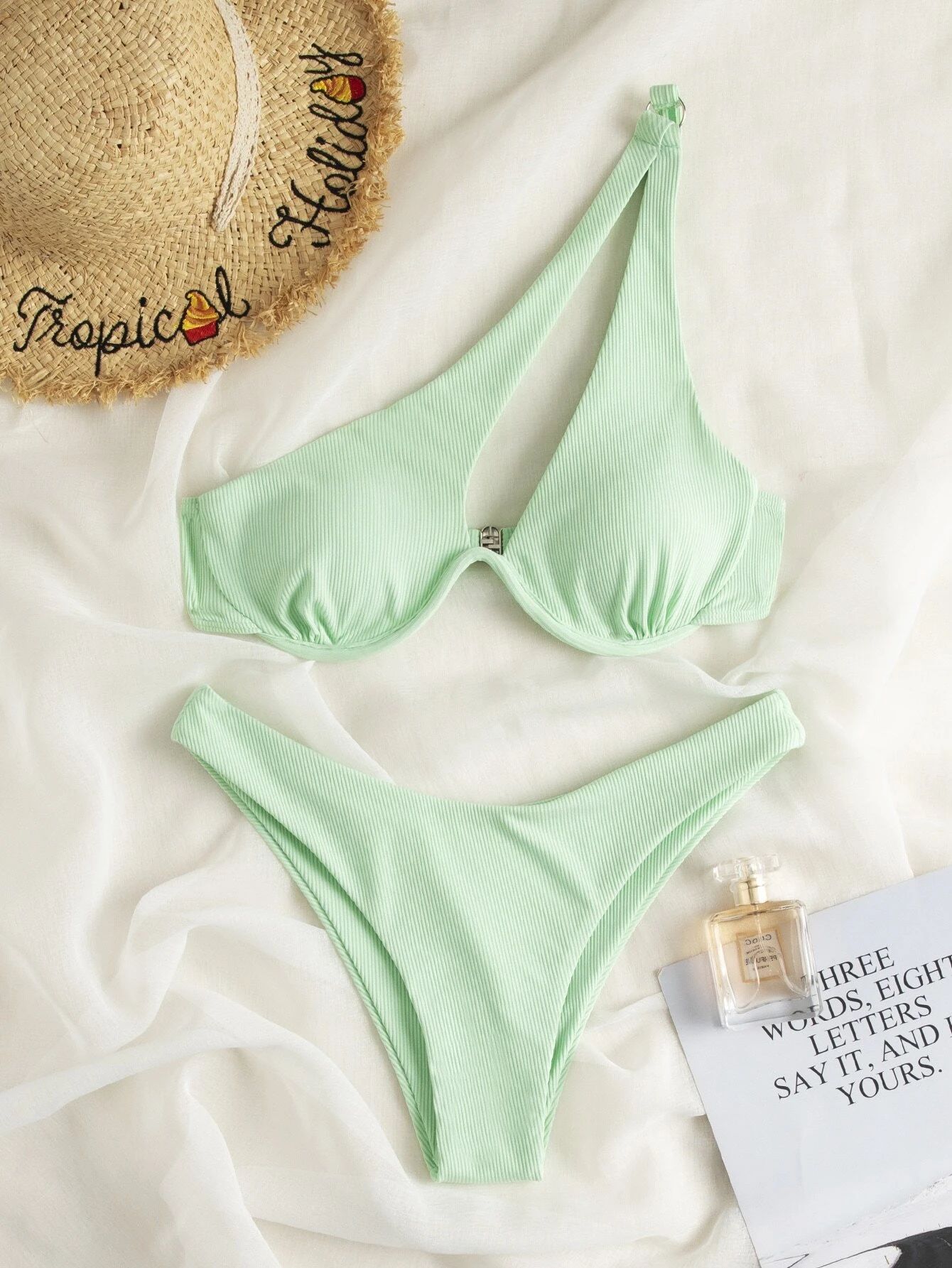 Ladies Split Swimsuit Solid Color One Shoulder Underwire Bikini