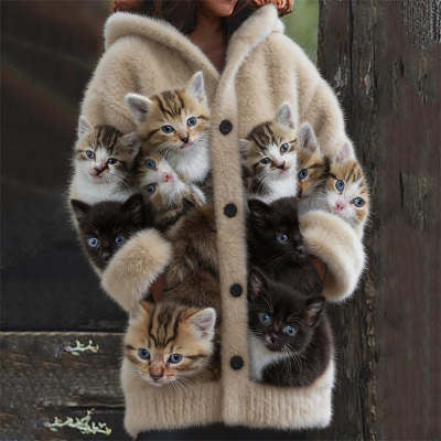 Womens Printed Cat-Design Jacket Top