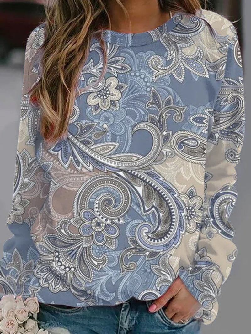 Loose Printed Long Sleeve Round Neck Sweatshirt Women's Top