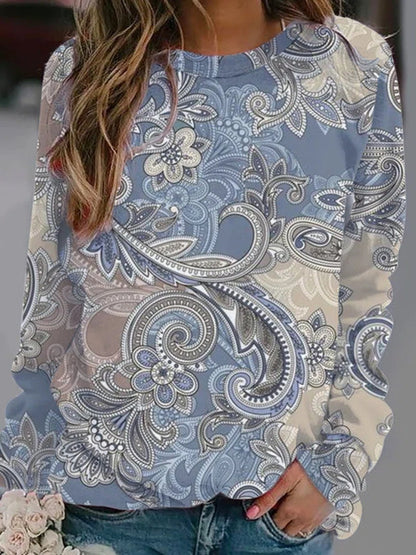 Loose Printed Long Sleeve Round Neck Sweatshirt Women's Top