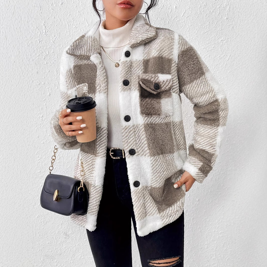 Plush Plaid Women's Autumn And Winter Open Button Lapel Thermal Plaid Pattern Jacket