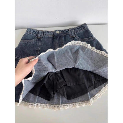Women's Vintage Lace Pleated Denim Skirt
