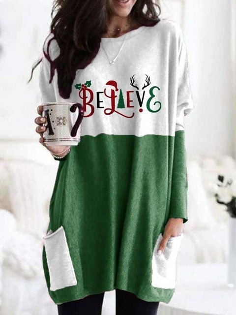 New Christmas Print Women's Fashion Pocket T-shirt Long