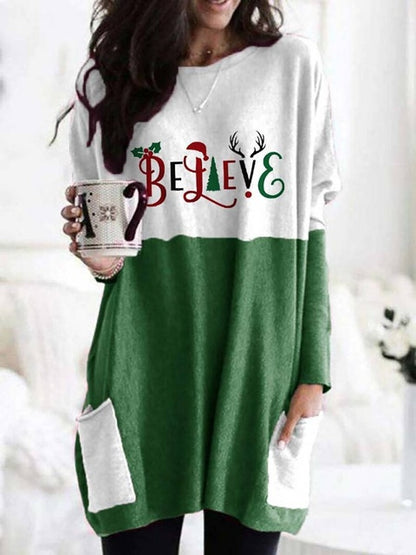 New Christmas Print Women's Fashion Pocket T-shirt Long