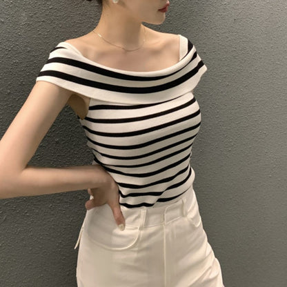 Striped Short-sleeved Sweater Top For Women