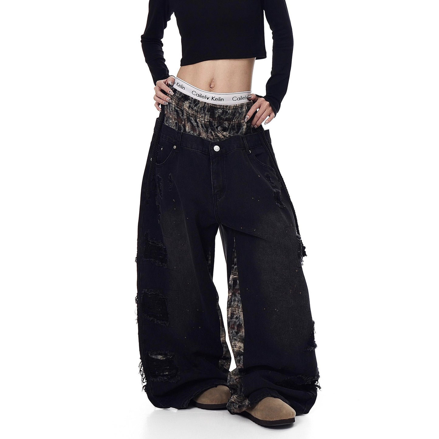 Womens Retro Ripped Wide-Leg Denim Jeans