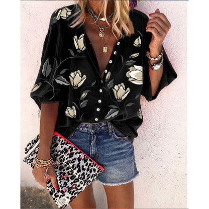Flower Printed Nine-Sleeve Top Loose Casual Shirt