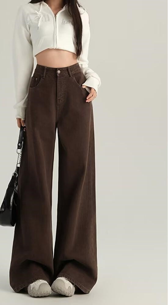 Retro Brown High Waist Straight Pants Women's Wide Leg Mop Pants
