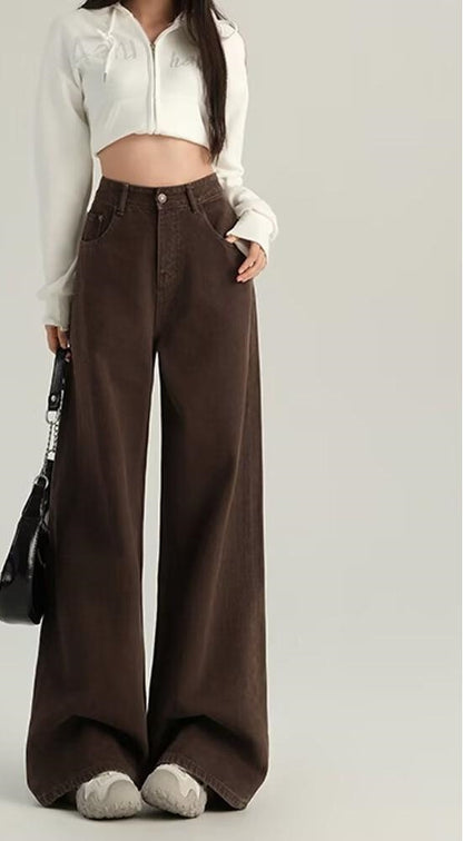 Retro Brown High Waist Straight Pants Women's Wide Leg Mop Pants
