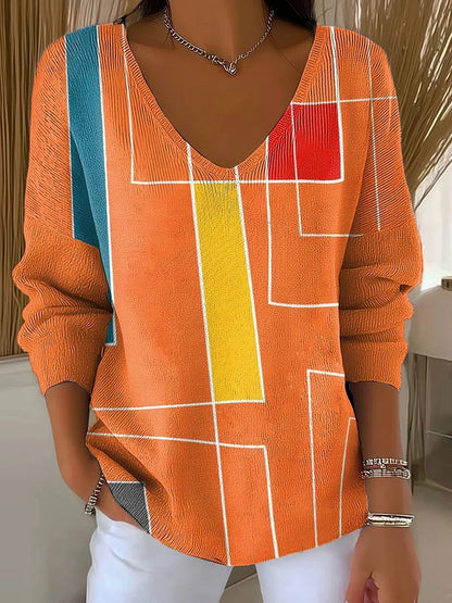 Printed Women's Gradient Color V-neck Long-sleeved T-shirt