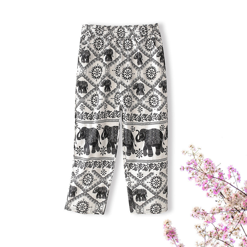 Thin Section Breathable Retro Fashion Nine Point Summer Loose Printed Women's Trousers