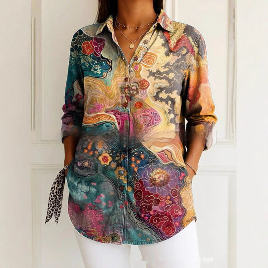 3D Printed Long Sleeve All-match Loose Button Shirt Top
