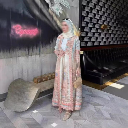 Pleated Trench Djellaba Hot-selling Printed Shawl Cardigan Ethnic Style Cloak Coat