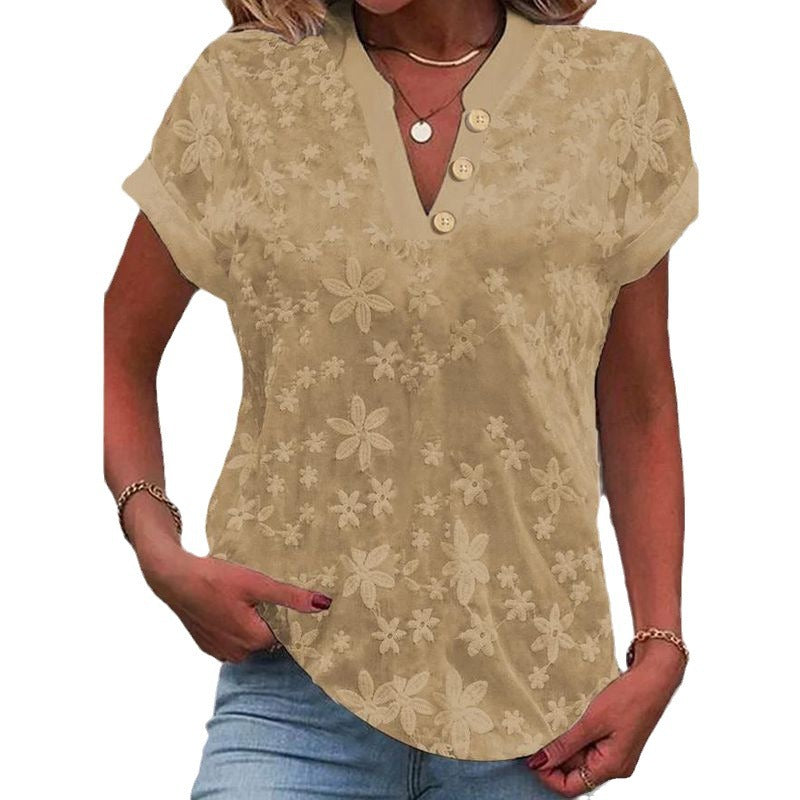 Women's Embroidered V-neck Short Sleeve Button Shirt