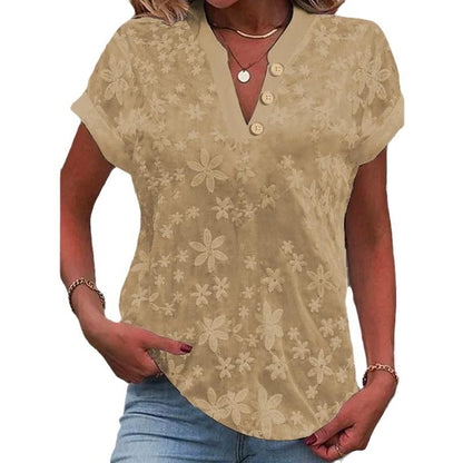 Women's Embroidered V-neck Short Sleeve Button Shirt