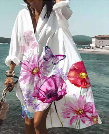 Women's Casual Loose Lapel Midi Shirt Dress
