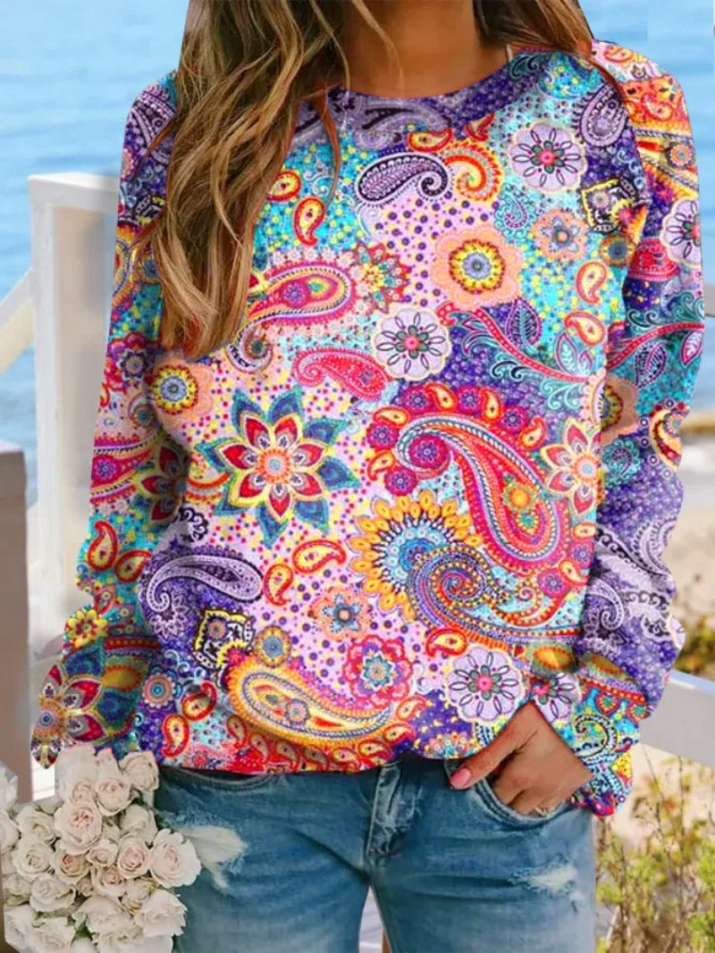 Loose Printed Long Sleeve Round Neck Sweatshirt Women's Top
