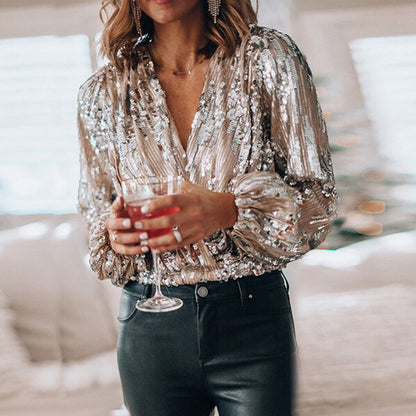 Autumn And Winter Sequined V-neck Top