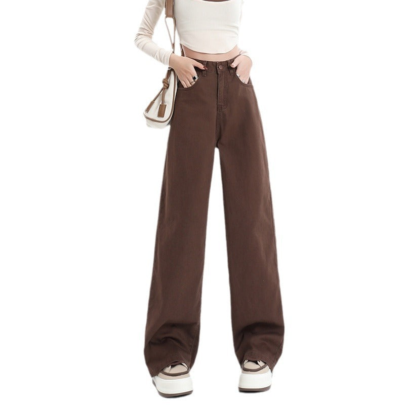 Retro Brown High Waist Straight Pants Women's Wide Leg Mop Pants