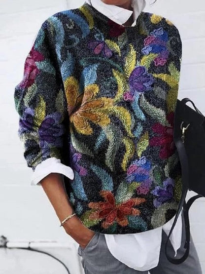 Women's Fashion Wearing Flower Print Loose Long Sleeve Top