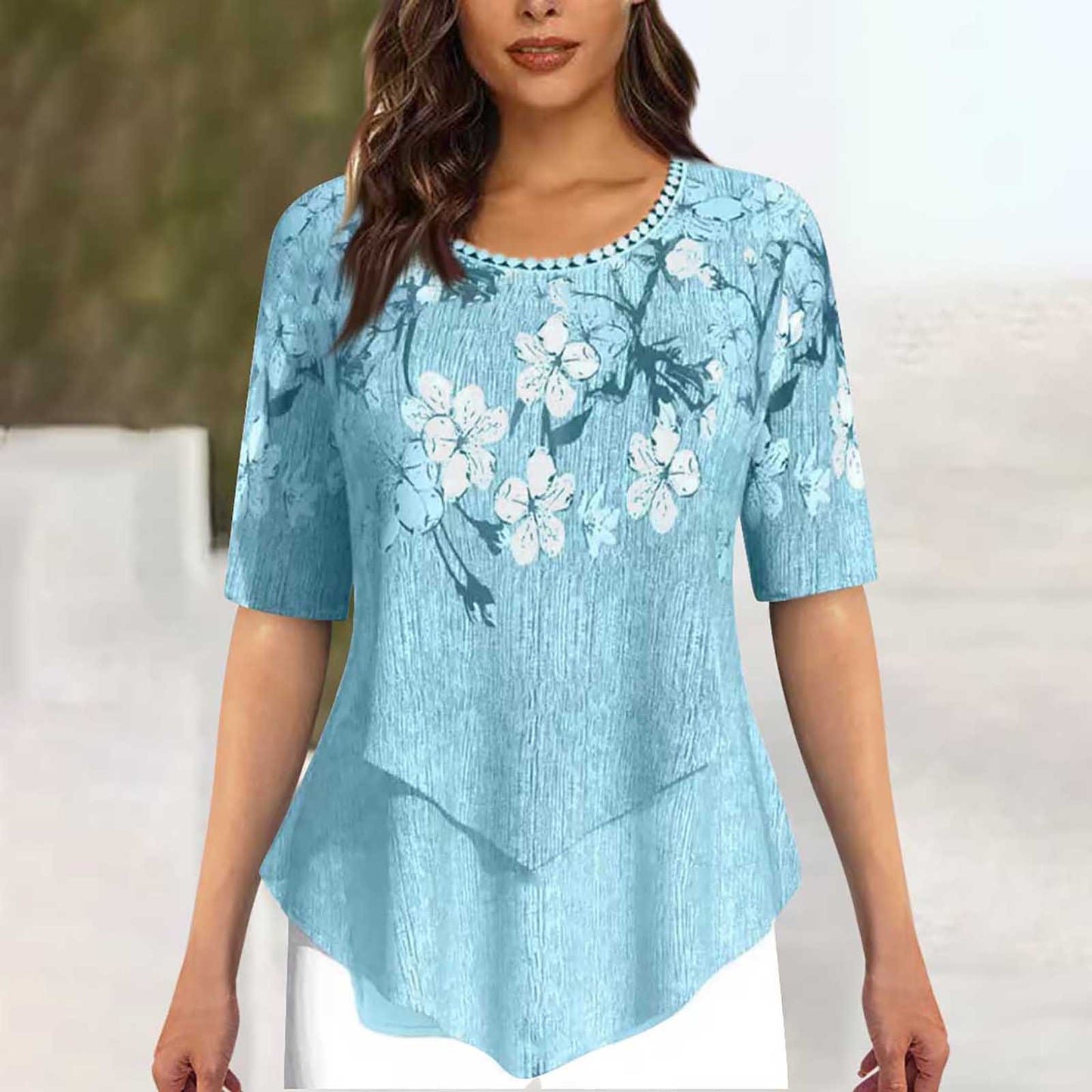 Positioning Printed Round Neck Irregular Short Sleeve