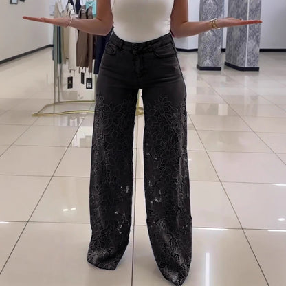 Fashionable Patchwork Denim Jeans For Women With Hollowed-Out Lace Details