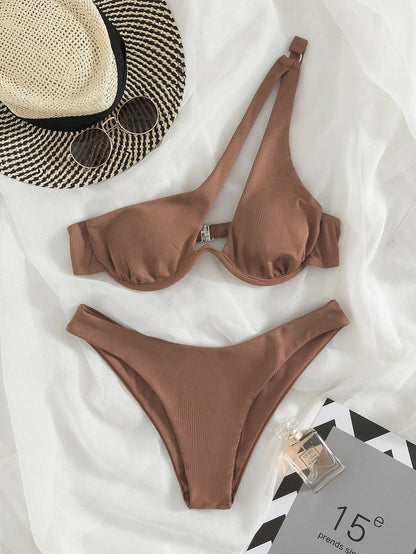 Ladies Split Swimsuit Solid Color One Shoulder Underwire Bikini