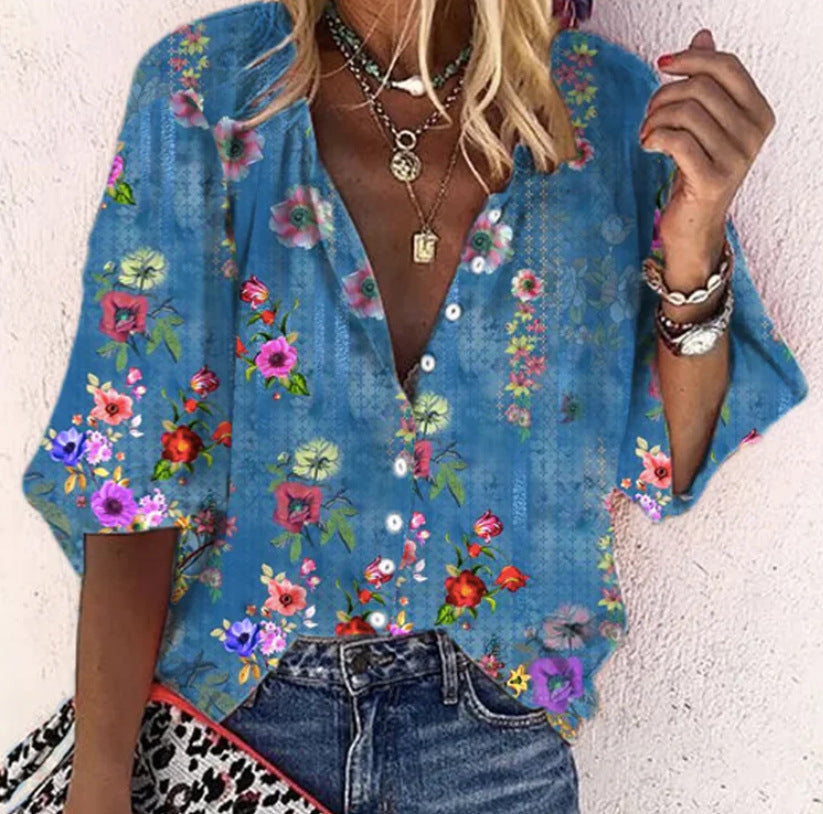 Fashion V-neck 3d Floral Printed Long-sleeved Top