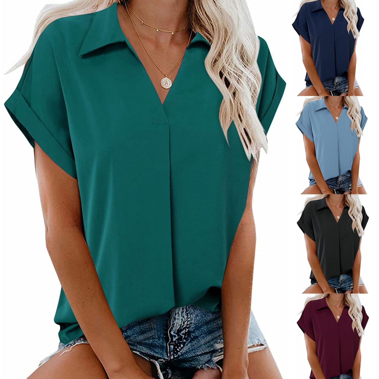 Short Sleeve V-Neck Solid Color Blouse