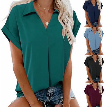 Short Sleeve V-Neck Solid Color Blouse