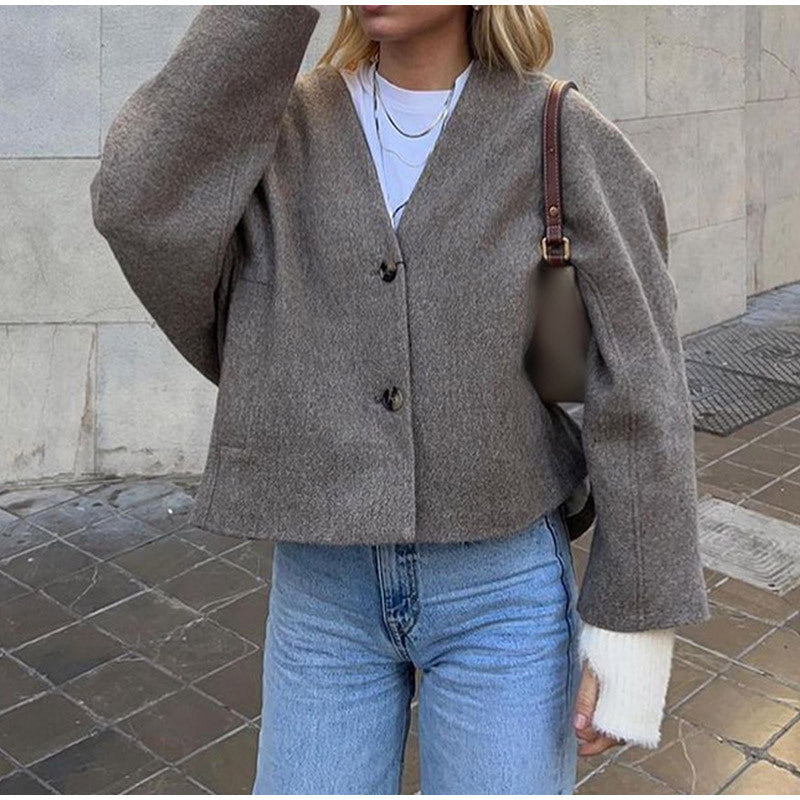 Women's V-neck Long Sleeve Button Short Coat