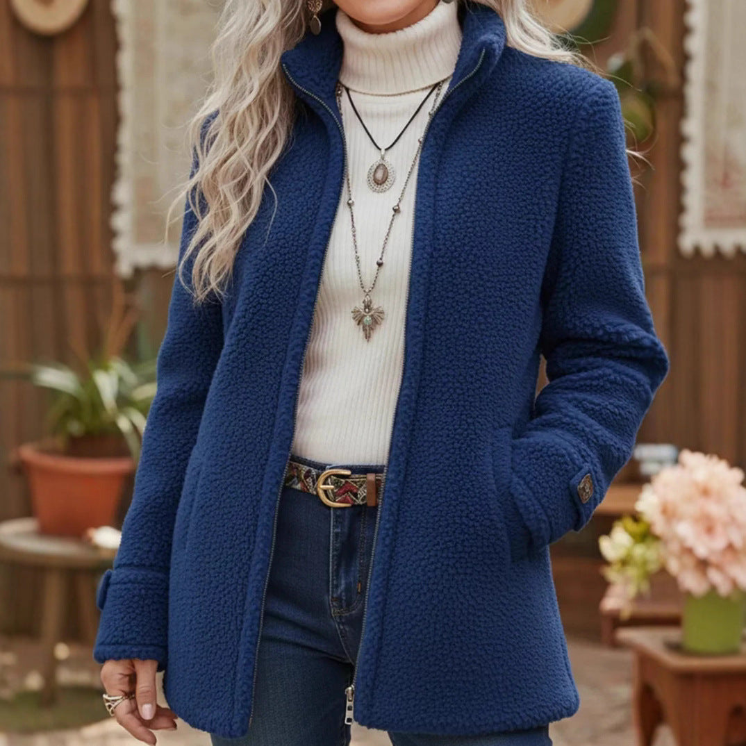 Womens Stand-Up Collar Solid-Color Loose Casual Long-Sleeve Fleece Zip-Up Jacket