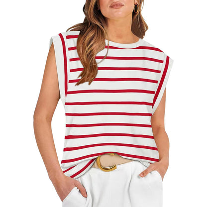 Round Neck Loose Short Sleeves Striped Top For Women